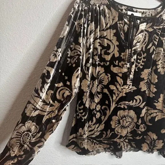 Anthropologie Faustine Velvet Floral Peasant Blouse L Boho Smocked Top - Picture 5 of 14